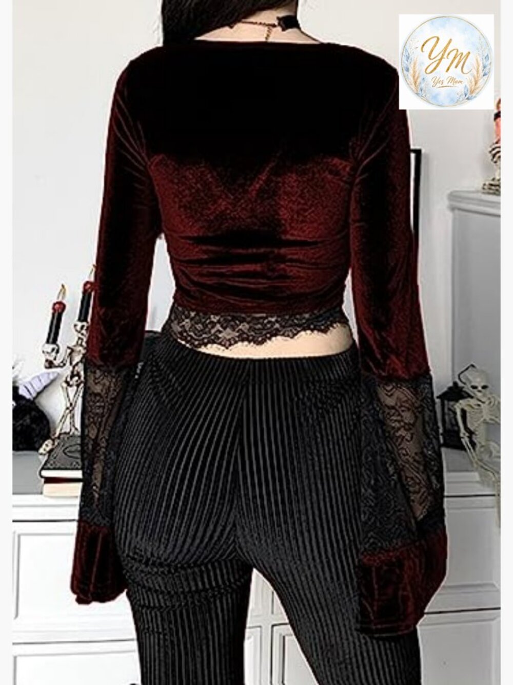 Gothic Velvet Lace Patchwork Crop Top Long Sleeve V Neck - Picture 2 of 5